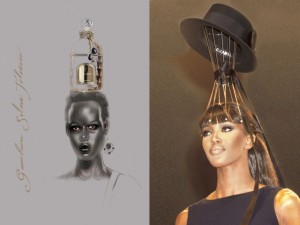 GUERLAIN perfume, SYLVIA TOLEDANO earrings, CHANEL hat on Naomi Campbell